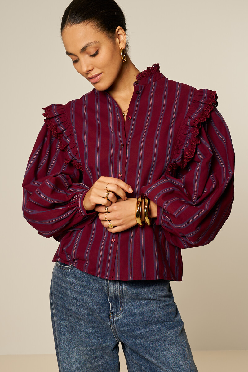 Burgundy striped blouse with embroidery | My Jewellery