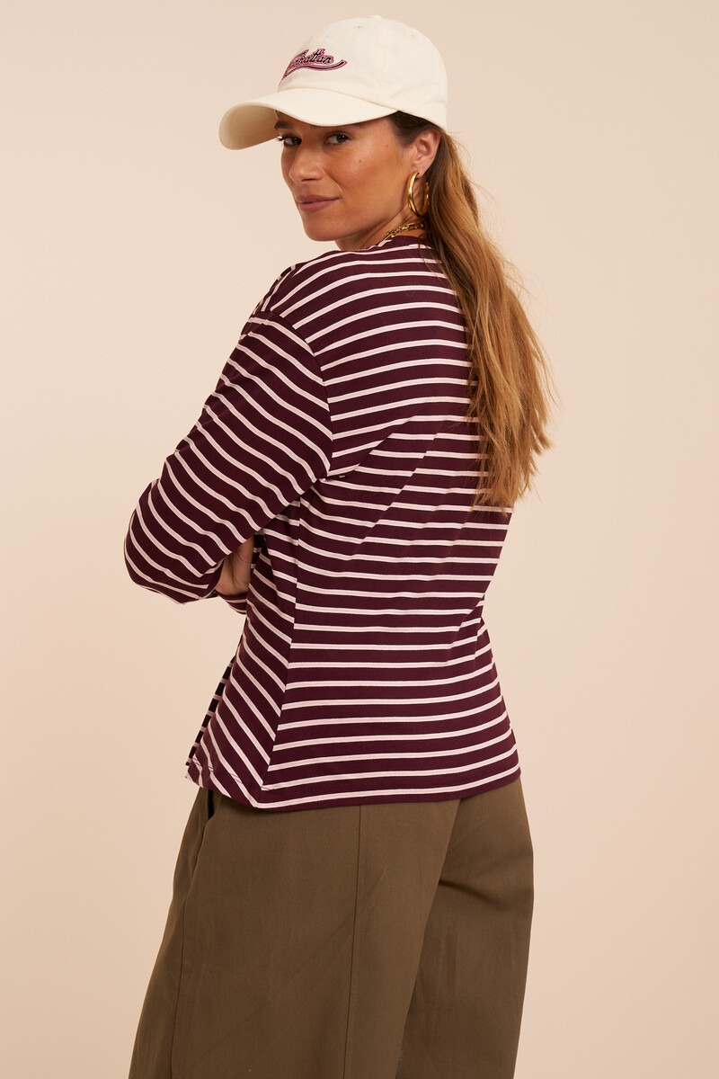 Burgundy striped long sleeve with pleats | My Jewellery
