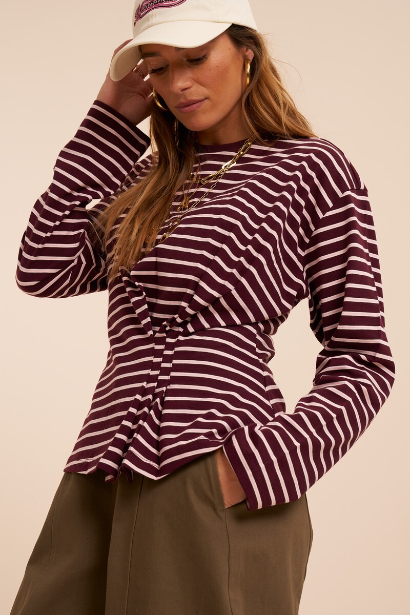 Burgundy striped long sleeve with pleats | My Jewellery