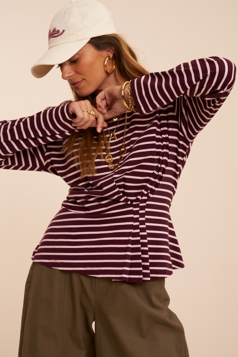 Burgundy striped long sleeve with pleats | My Jewellery