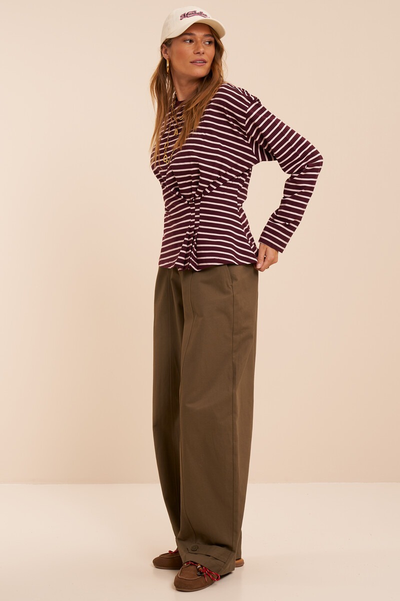 Burgundy striped long sleeve with pleats | My Jewellery
