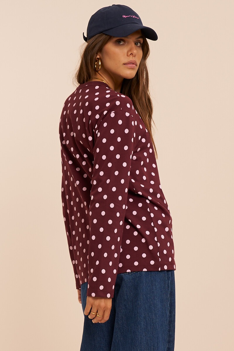 Burgundy T-shirt with long sleeves and polka dots | My Jewellery