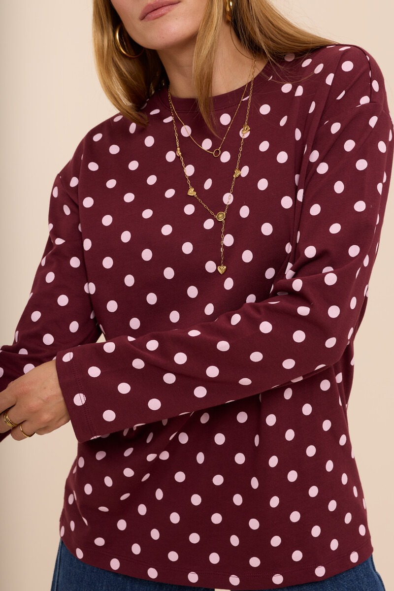 Burgundy T-shirt with long sleeves and polka dots | My Jewellery