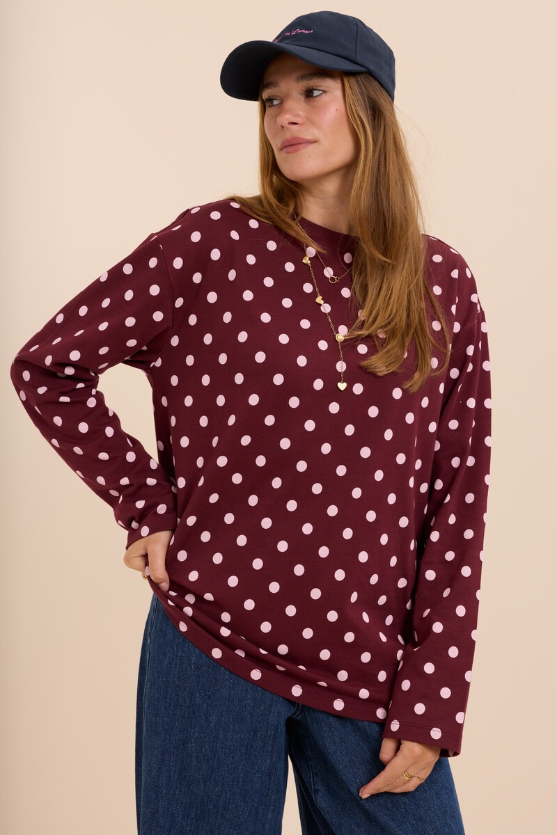 Burgundy T-shirt with long sleeves and polka dots | My Jewellery
