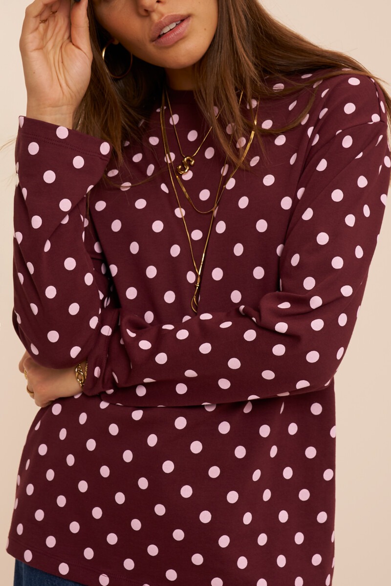 Burgundy T-shirt with long sleeves and polka dots | My Jewellery