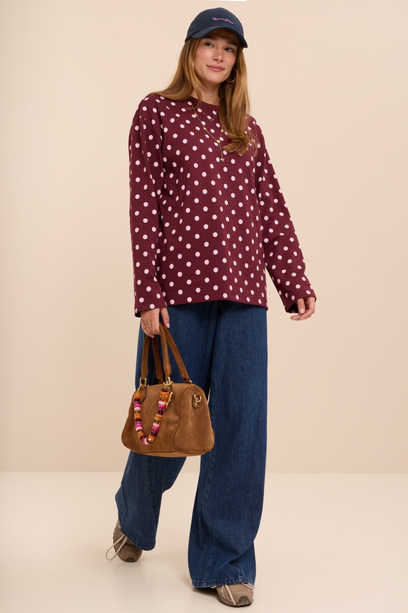 Burgundy T-shirt with long sleeves and polka dots | My Jewellery