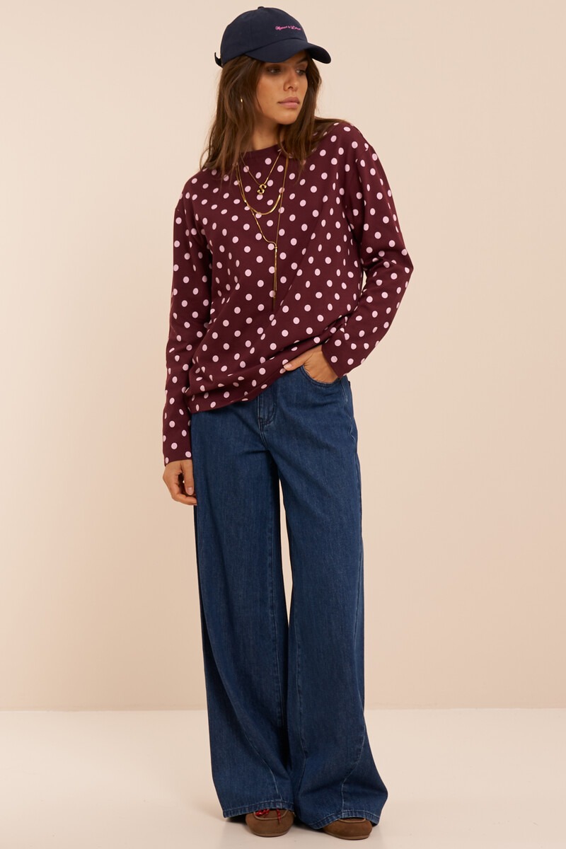 Burgundy T-shirt with long sleeves and polka dots | My Jewellery