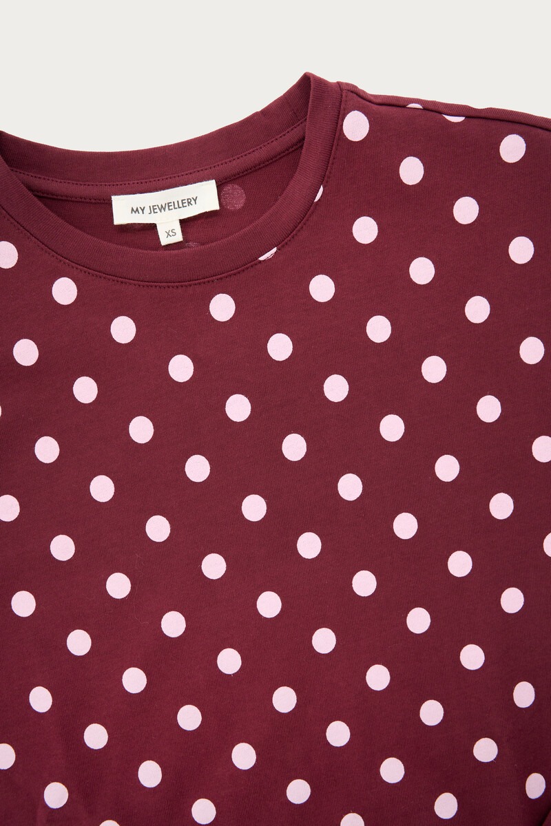 Burgundy T-shirt with long sleeves and polka dots | My Jewellery