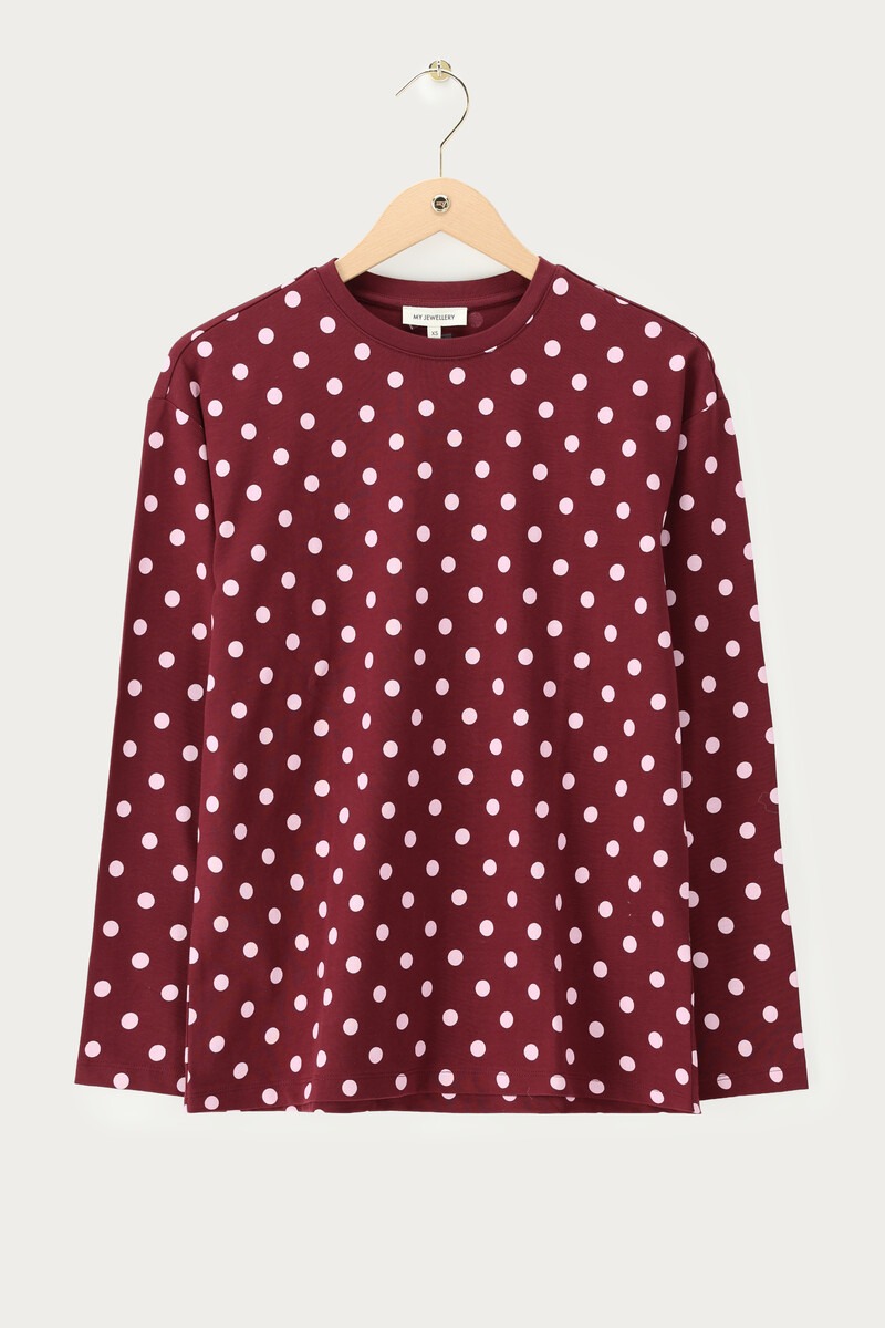 Burgundy T-shirt with long sleeves and polka dots | My Jewellery
