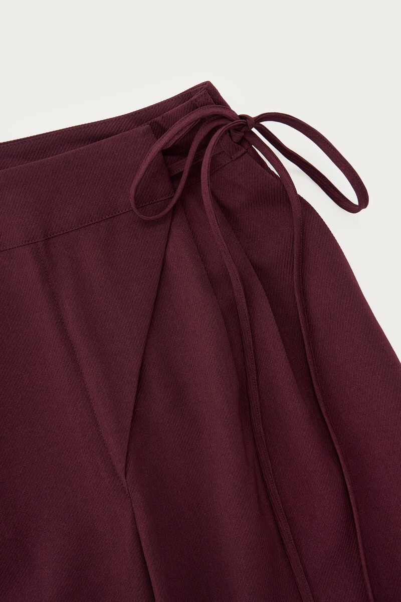 Burgundy wide trousers with overlap and tie | My Jewellery