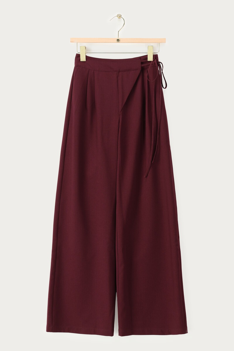 Burgundy wide trousers with overlap and tie | My Jewellery