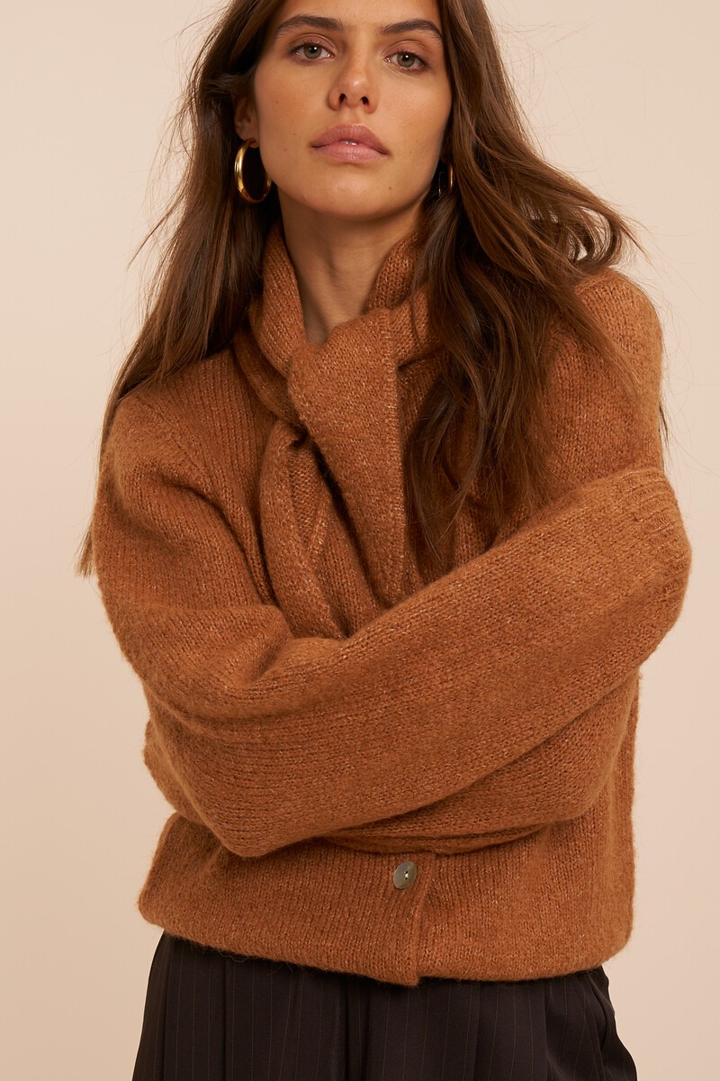 Camel cardigan with detachable scarf | My Jewellery