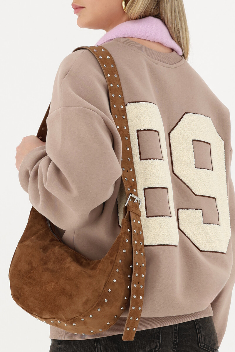 Camel crossbody bag in suede look with studs | My Jewellery
