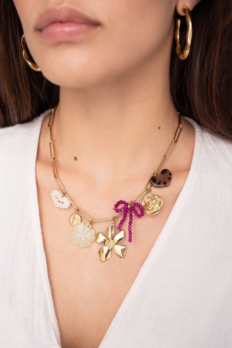 Charm necklace with chainlink and multicoloured flower charms | My Jewellery
