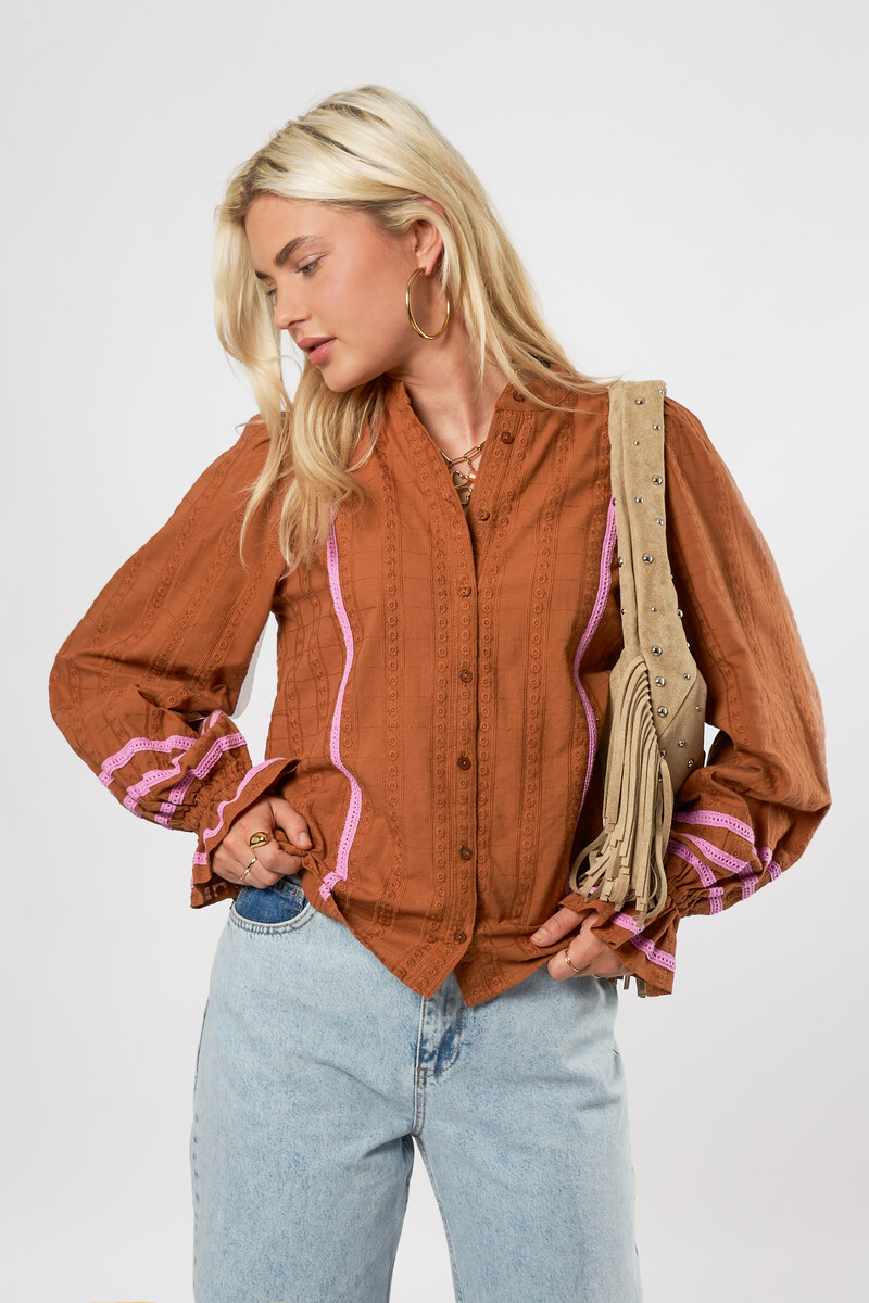 Cognac embroidery blouse with side stripes | My Jewellery