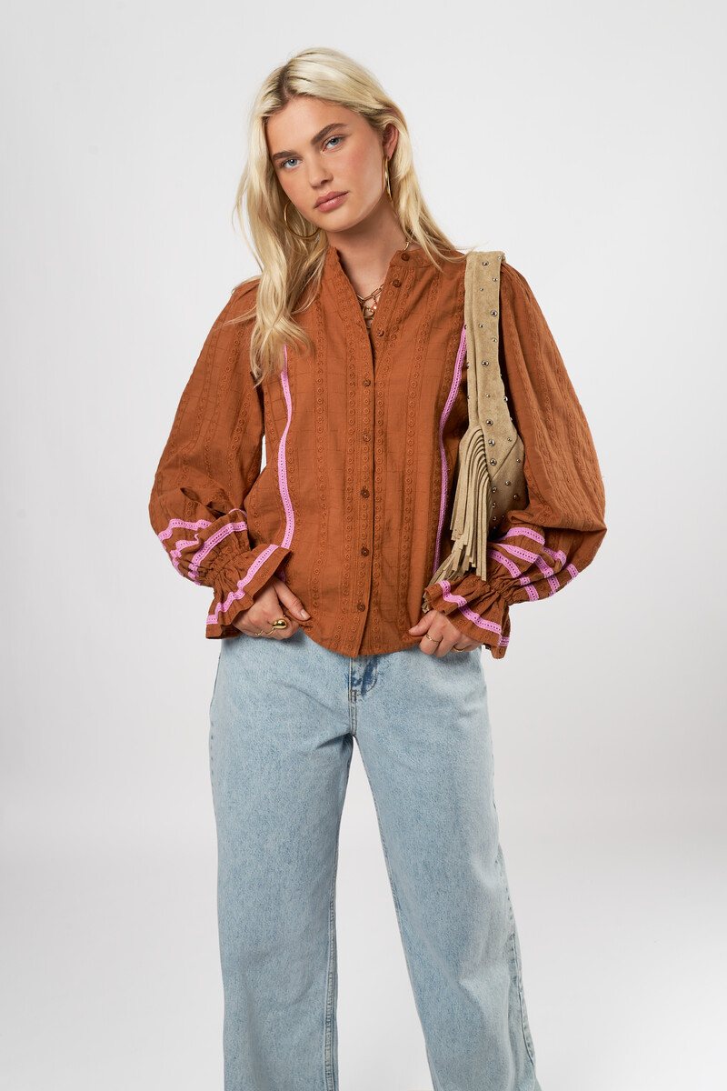 Cognac embroidery blouse with side stripes | My Jewellery