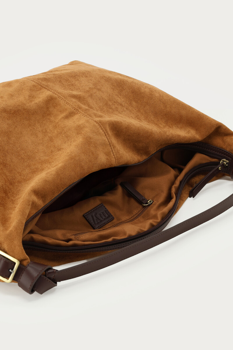 Cognac shoulder bag in suede look with buckle | My Jewellery