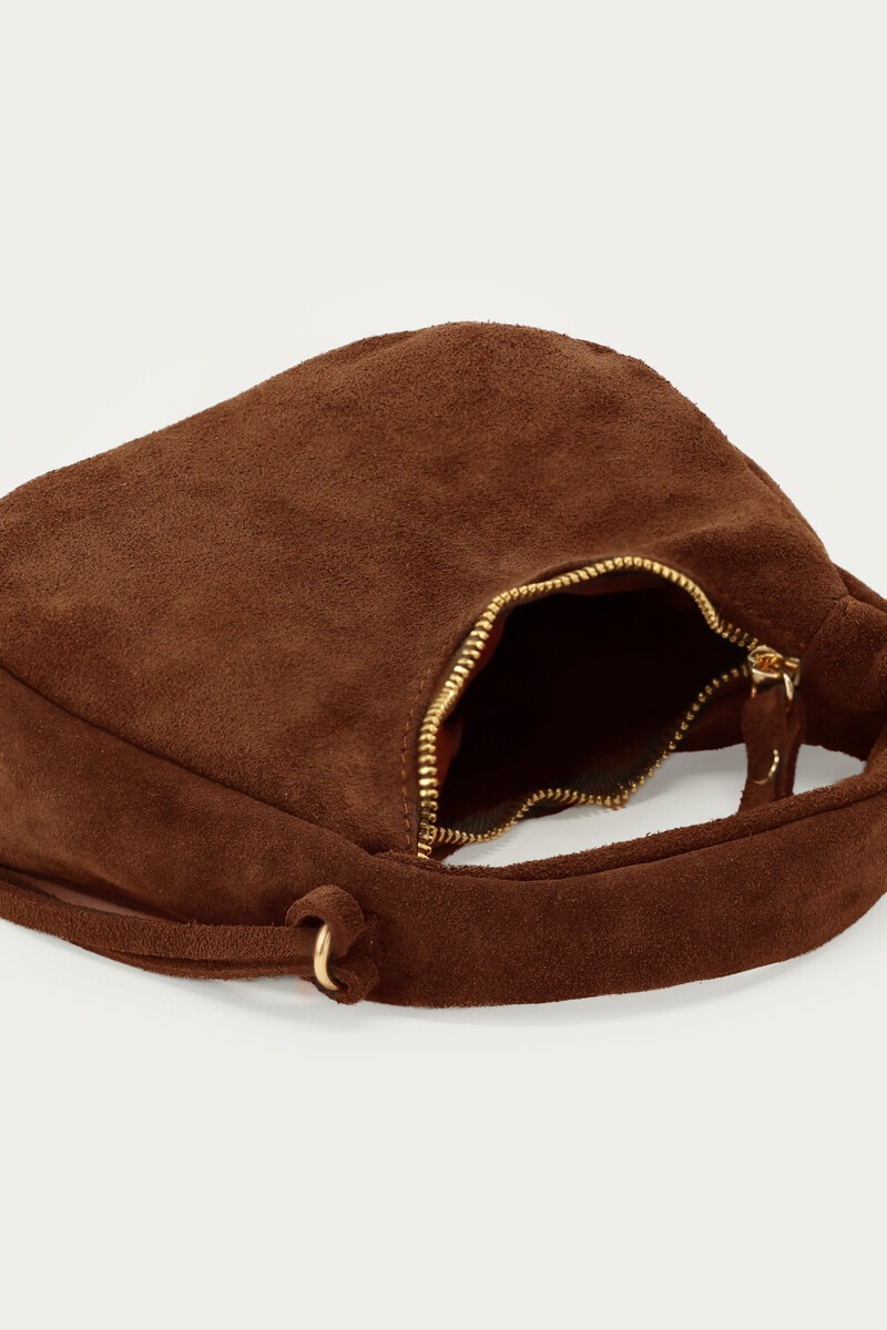 Cognac suede crescent-shaped bag | My Jewellery