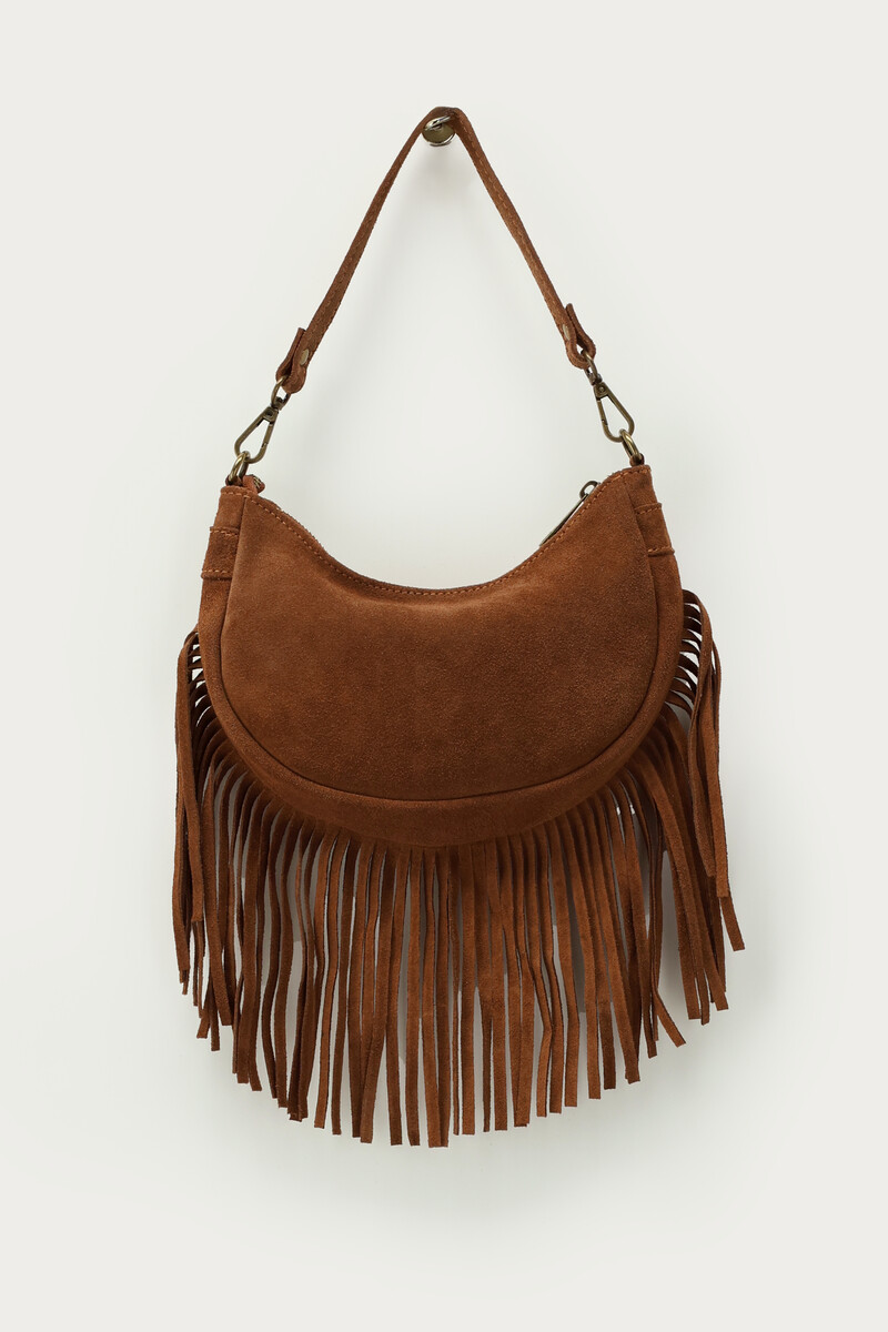Cognac suede shoulder bag with fringes | My Jewellery
