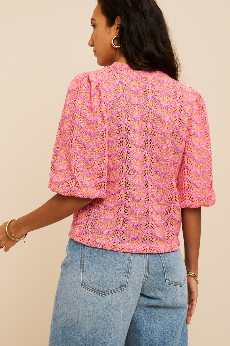 Coral top with print and mother-of-pearl buttons | My Jewellery