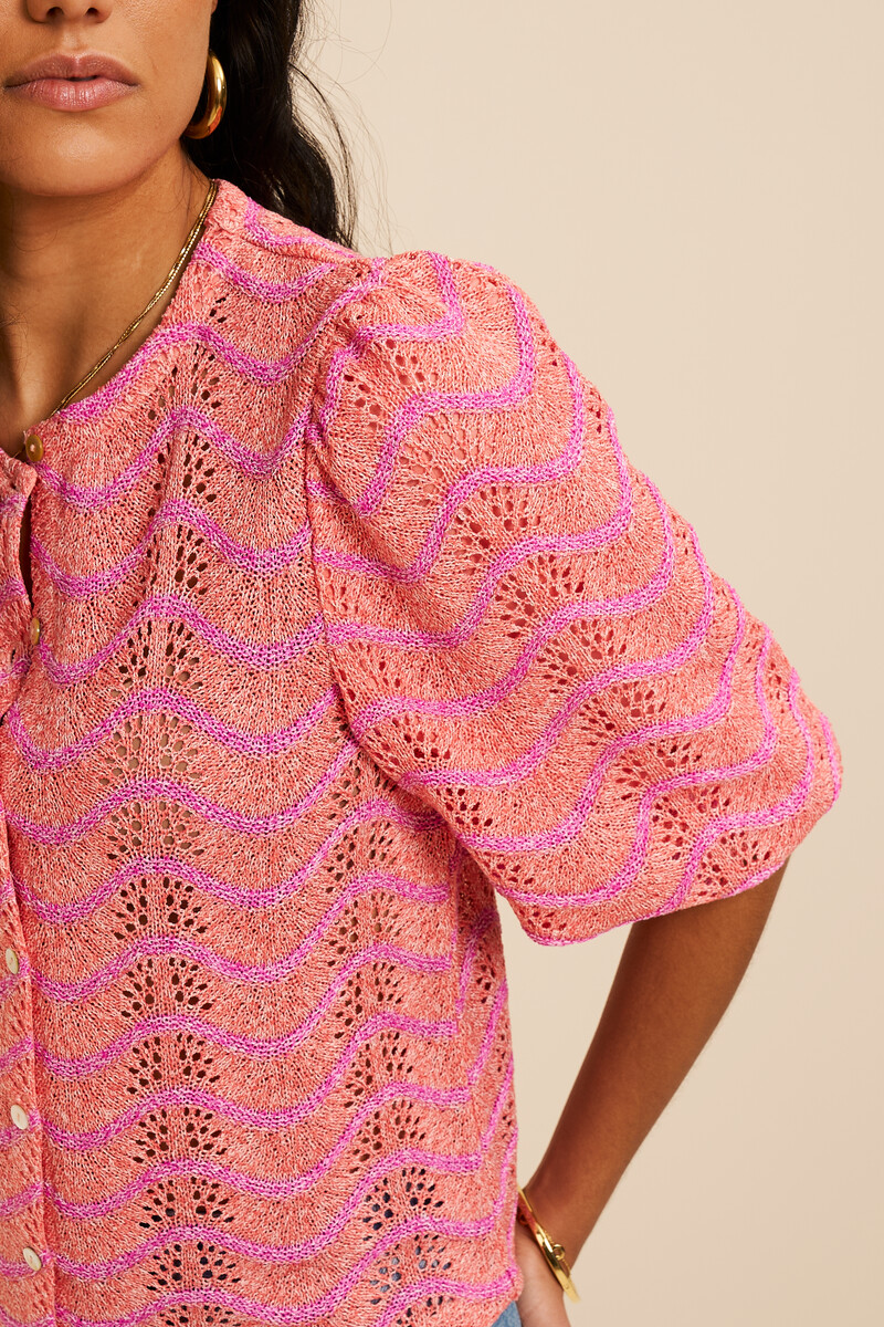 Coral top with print and mother-of-pearl buttons | My Jewellery