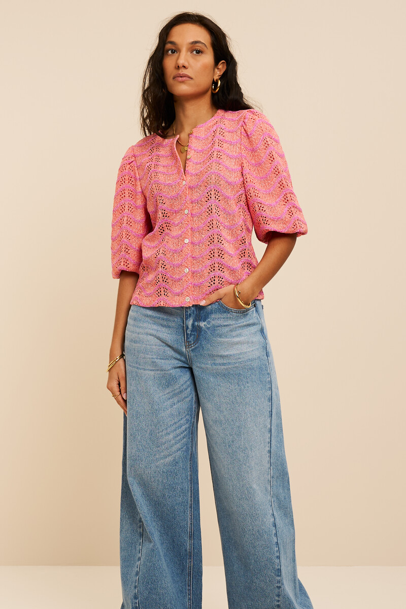 Coral top with print and mother-of-pearl buttons | My Jewellery