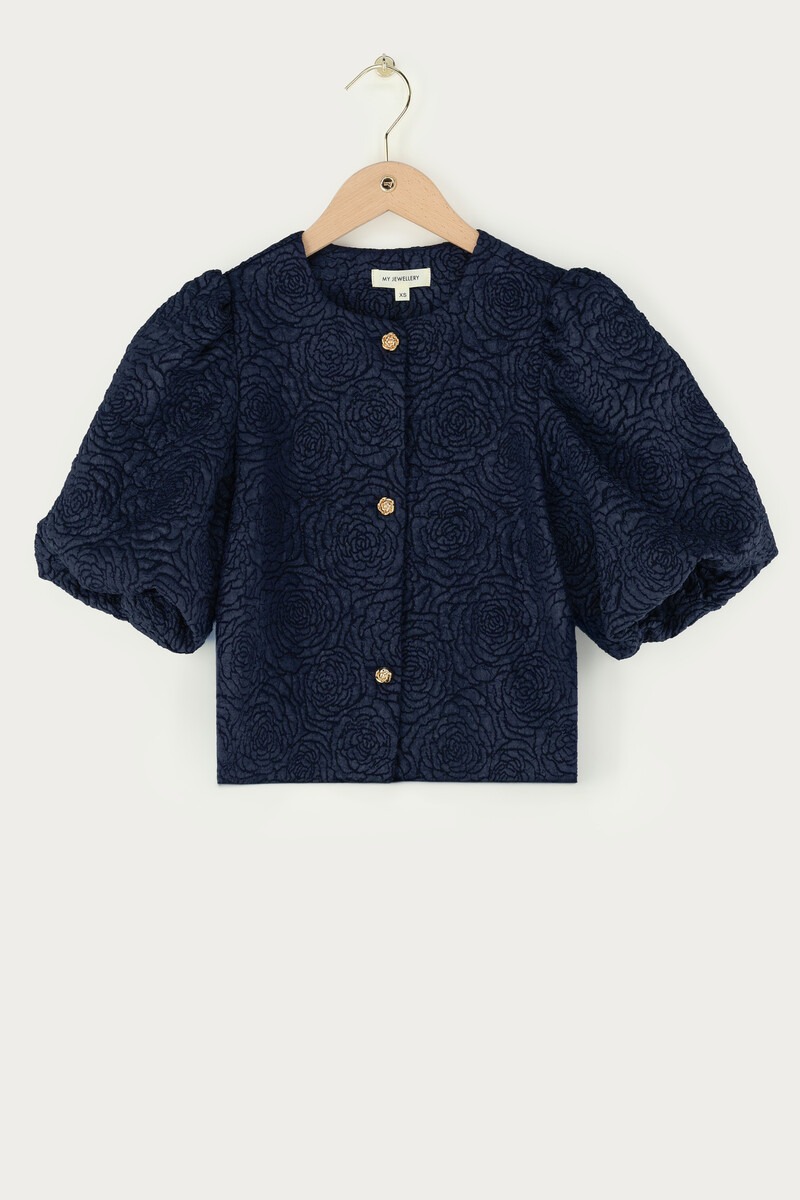 Dark blue jacquard top with roses | My Jewellery