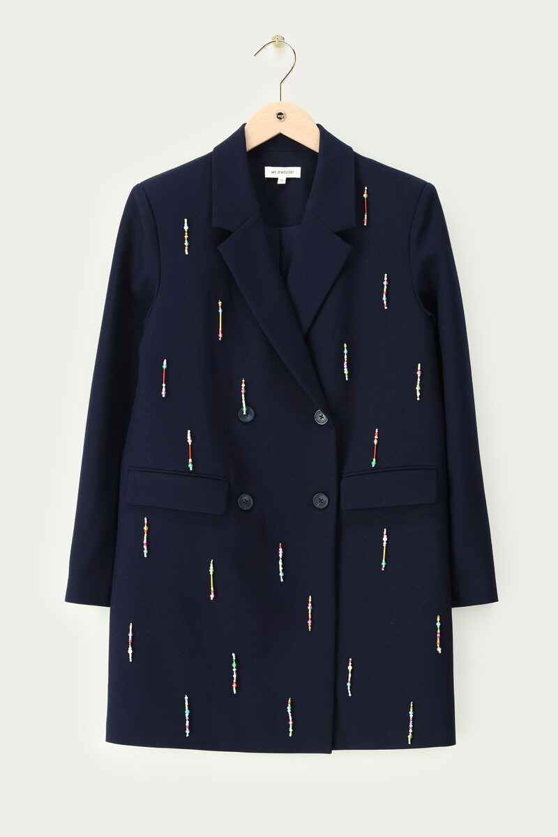 Dark blue blazer dress with multicoloured beaded fringes | My Jewellery