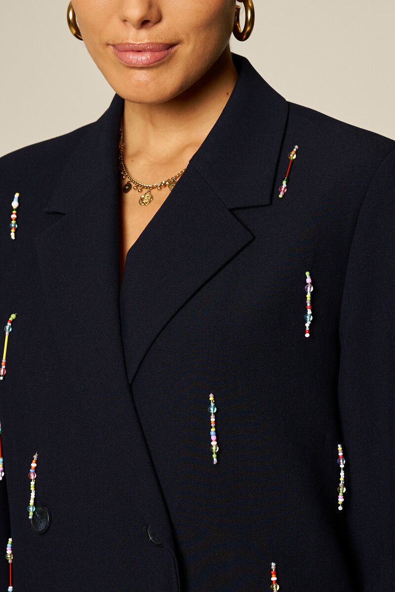 Dark blue blazer dress with multicoloured beaded fringes | My Jewellery