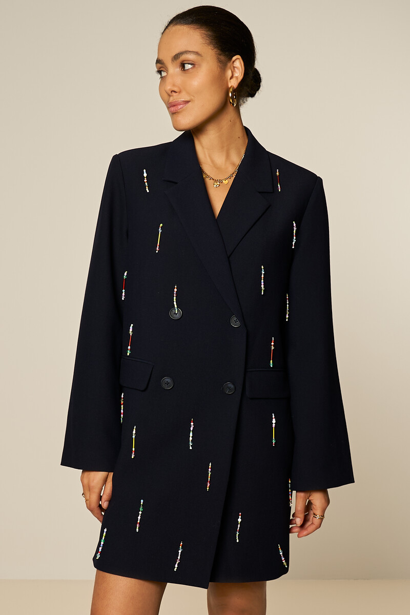 Dark blue blazer dress with multicoloured beaded fringes | My Jewellery