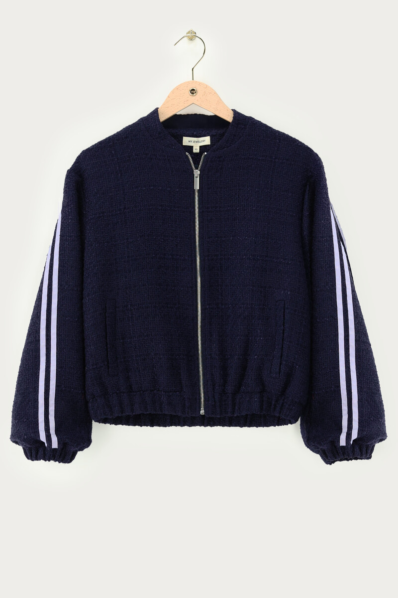 Dark blue bouclé bomber with side stripes | My Jewellery