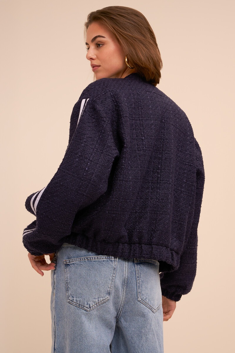 Dark blue bouclé bomber with side stripes | My Jewellery