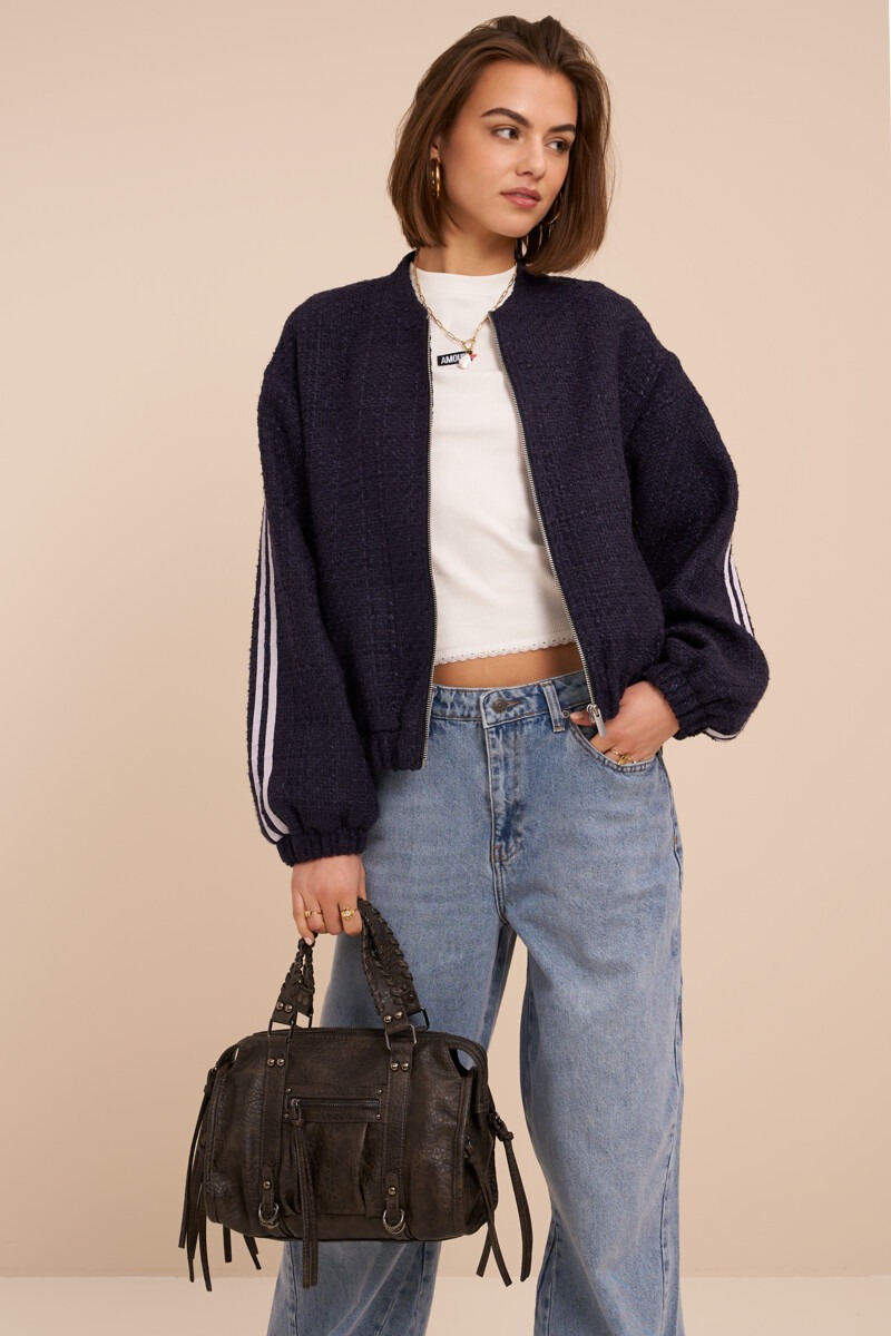 Dark blue bouclé bomber with side stripes | My Jewellery