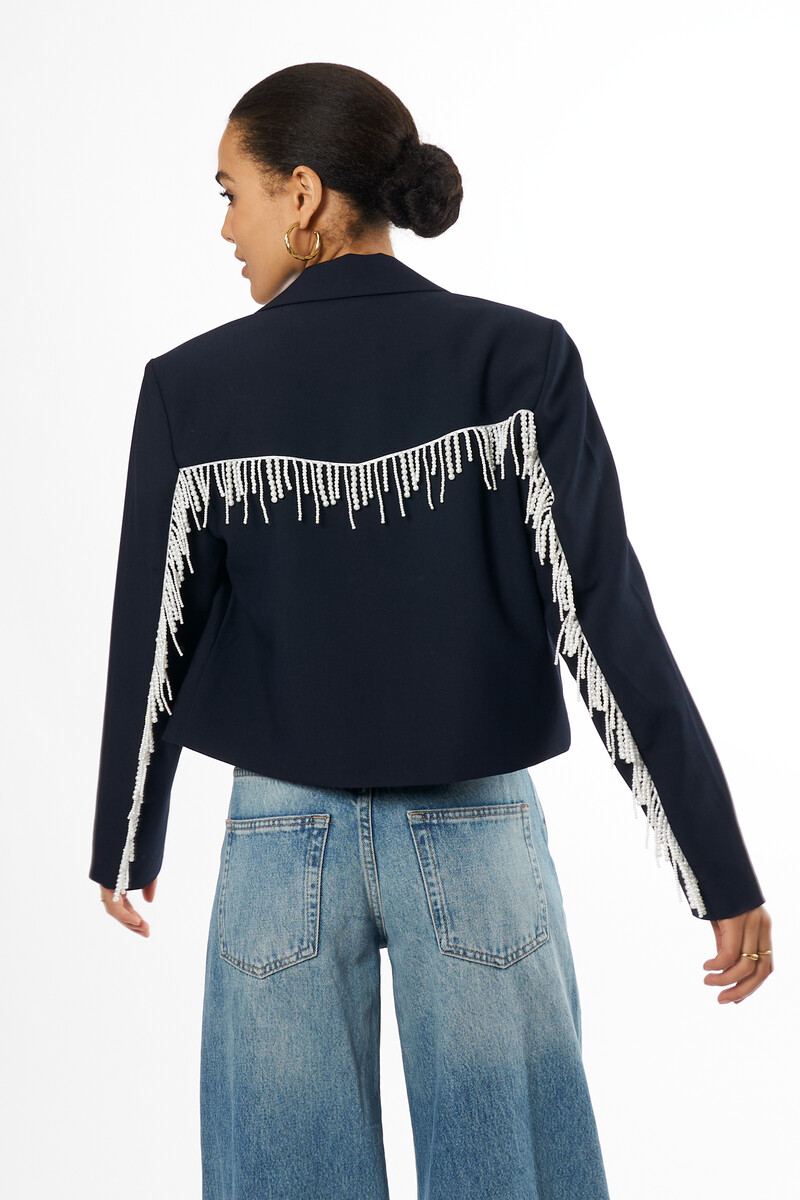 Dark blue cropped blazer with imitation pearls | My Jewellery