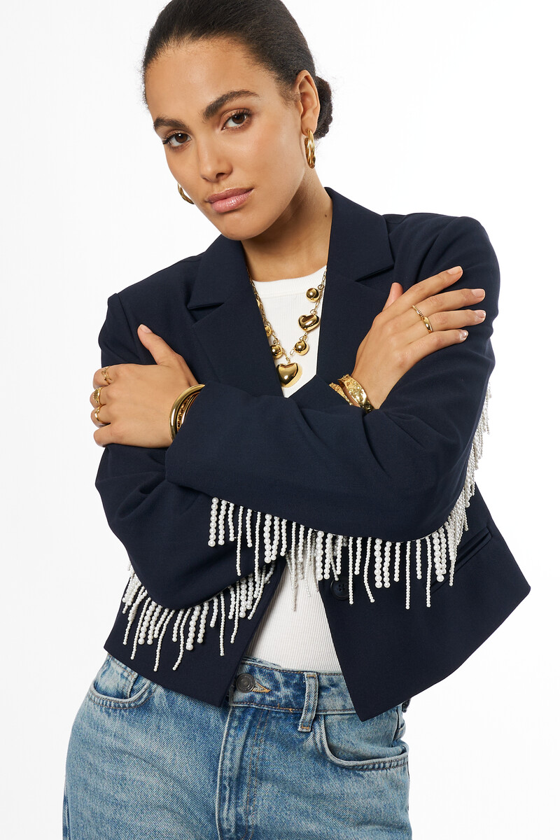 Dark blue cropped blazer with imitation pearls | My Jewellery