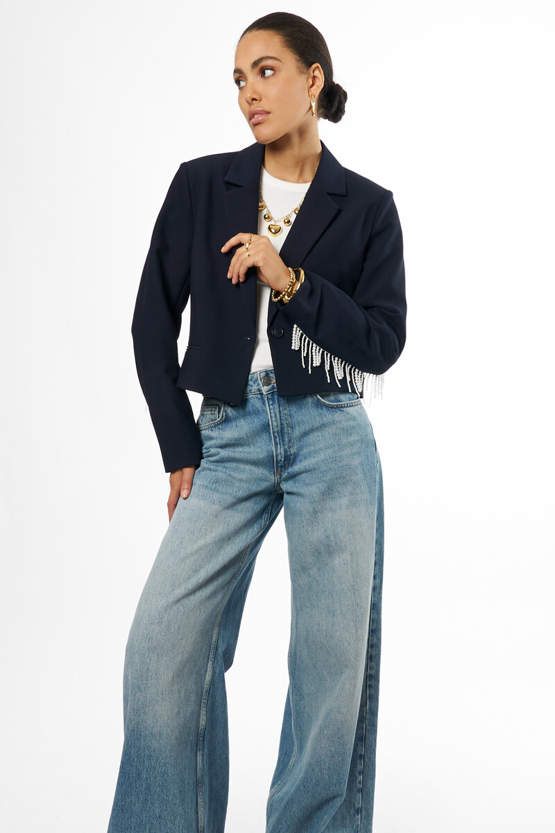 Dark blue cropped blazer with imitation pearls | My Jewellery