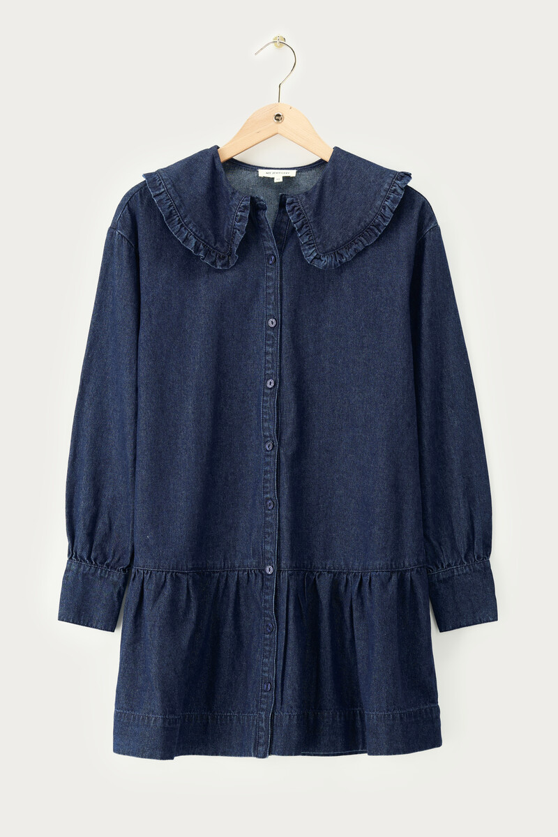 Dark blue denim dress with ruffle | My Jewellery