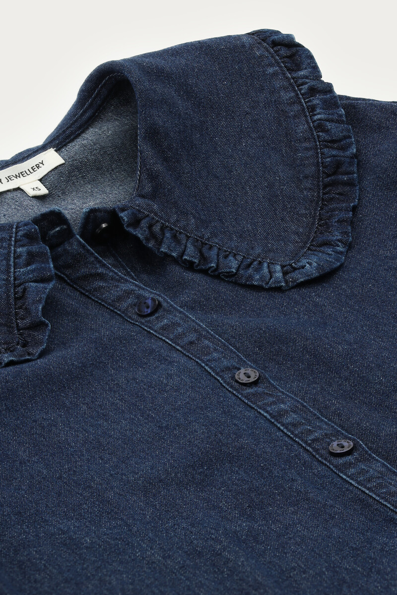 Dark blue denim dress with ruffle | My Jewellery