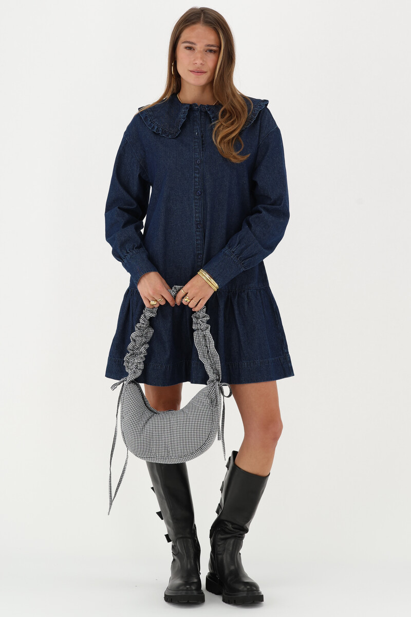 Dark blue denim dress with ruffle | My Jewellery