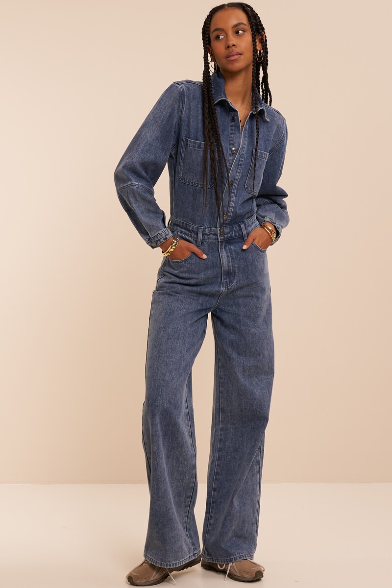 Dark blue denim jumpsuit with balloon sleeves | My Jewellery