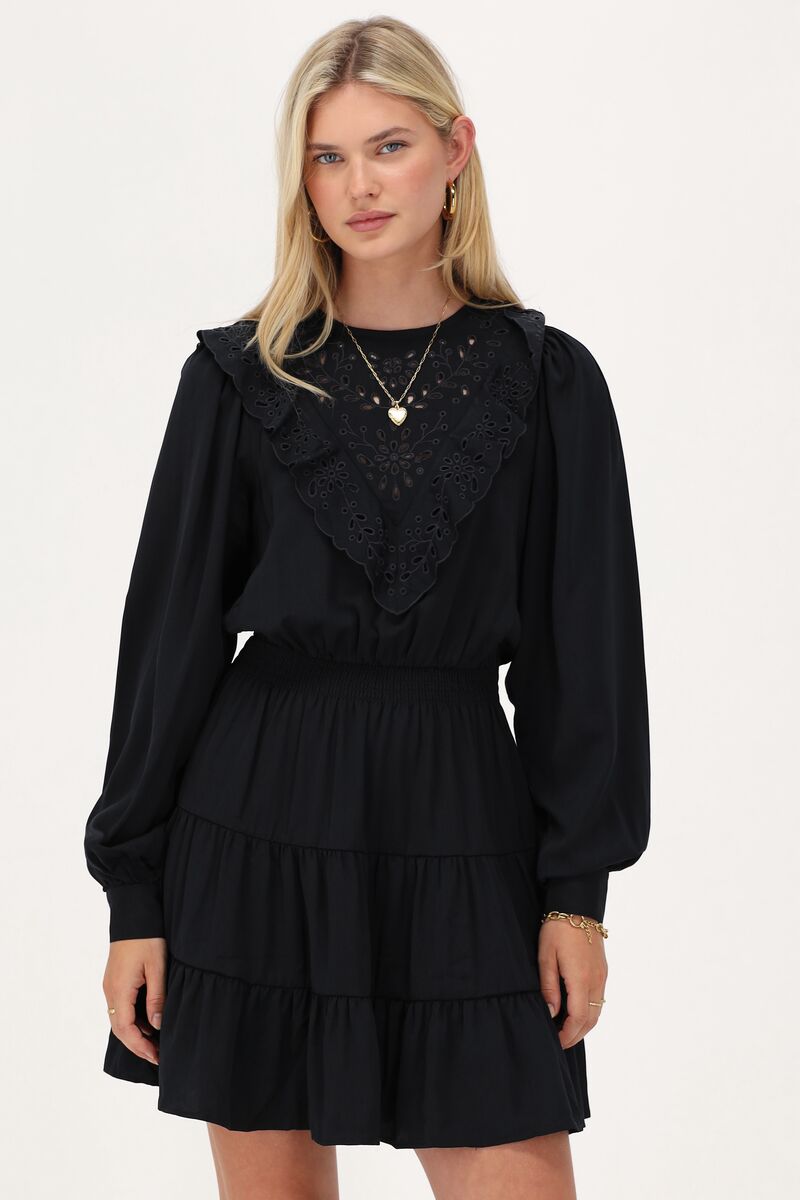Dark blue dress with embroidery and ruffles | My Jewellery