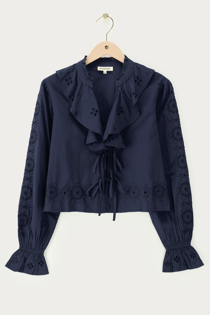Dark blue embroidery top with v-neck and bows | My Jewellery
