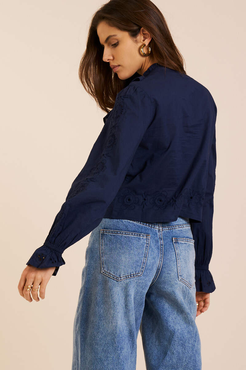 Dark blue embroidery top with v-neck and bows | My Jewellery