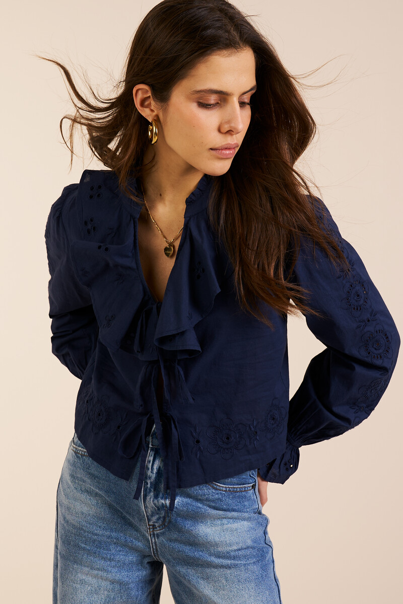 Top brodé bleu foncé à col en V et nœuds | My Jewellery