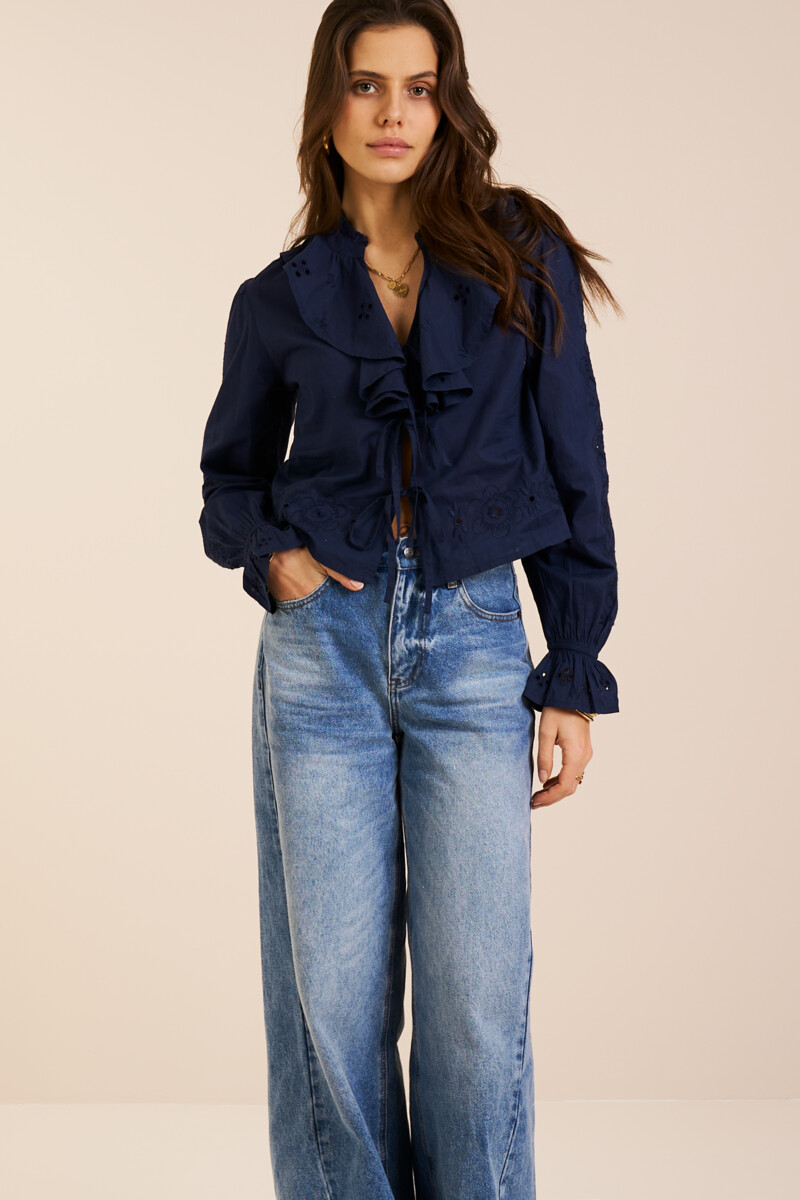 Dark blue embroidery top with v-neck and bows | My Jewellery