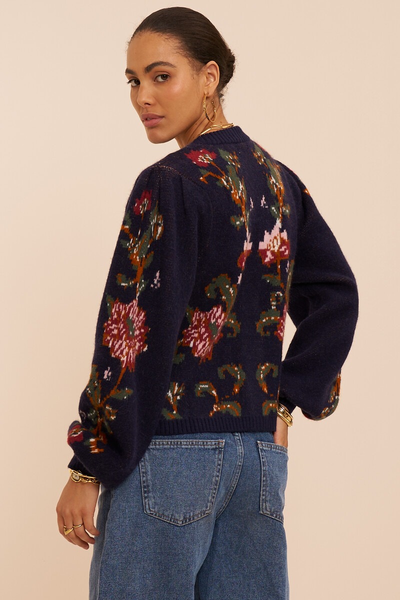 Dark blue jacquard cardigan with flower buttons | My Jewellery