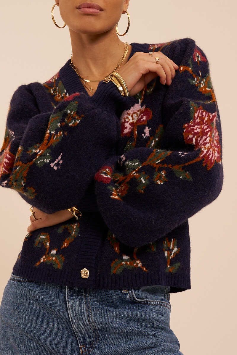 Dark blue jacquard cardigan with flower buttons | My Jewellery