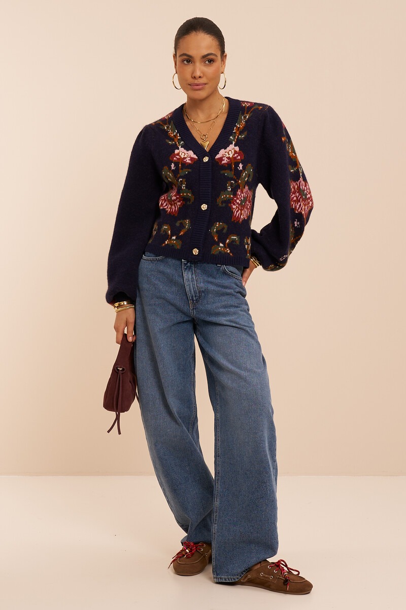 Dark blue jacquard cardigan with flower buttons | My Jewellery