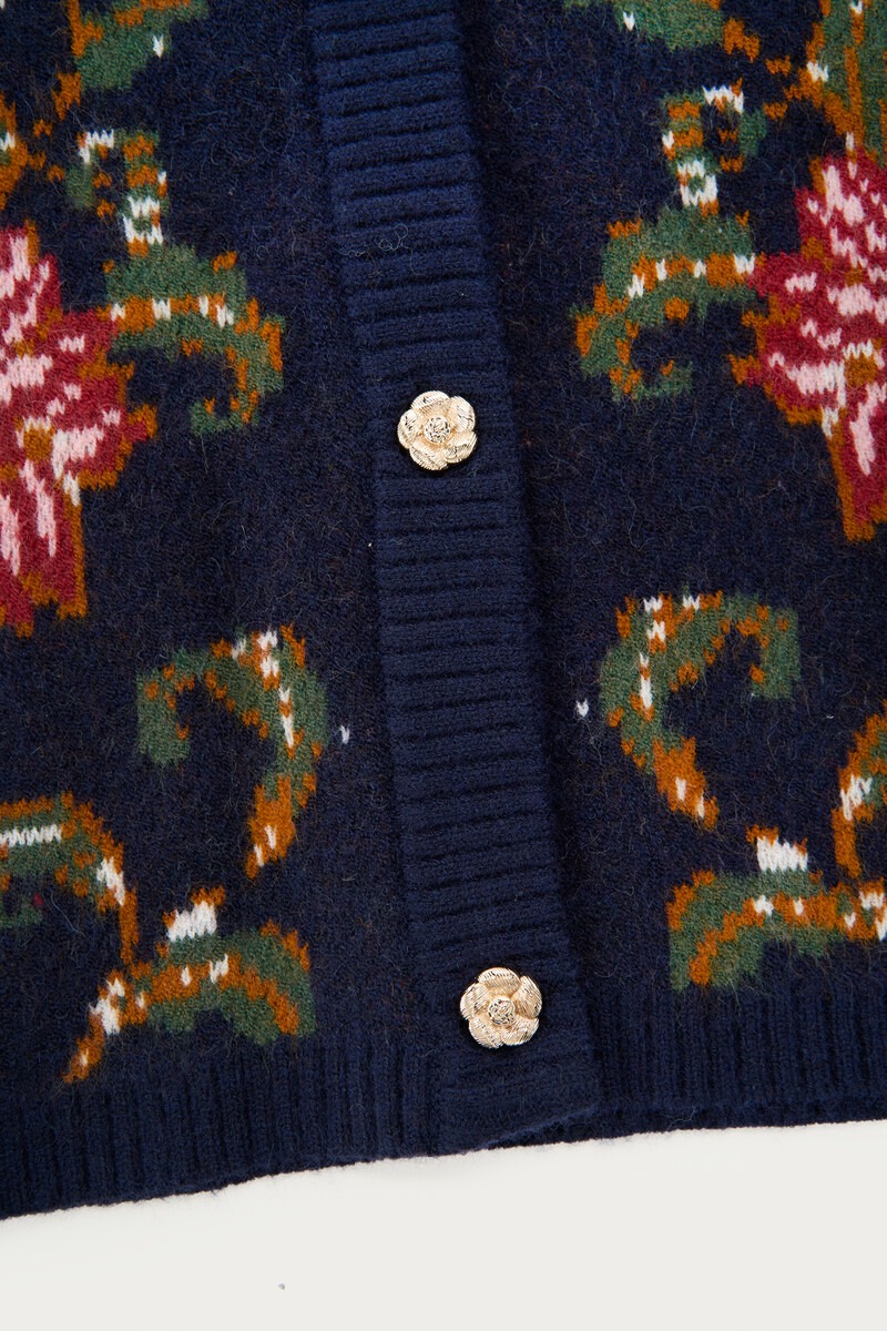 Dark blue jacquard cardigan with floral buttons | My Jewellery