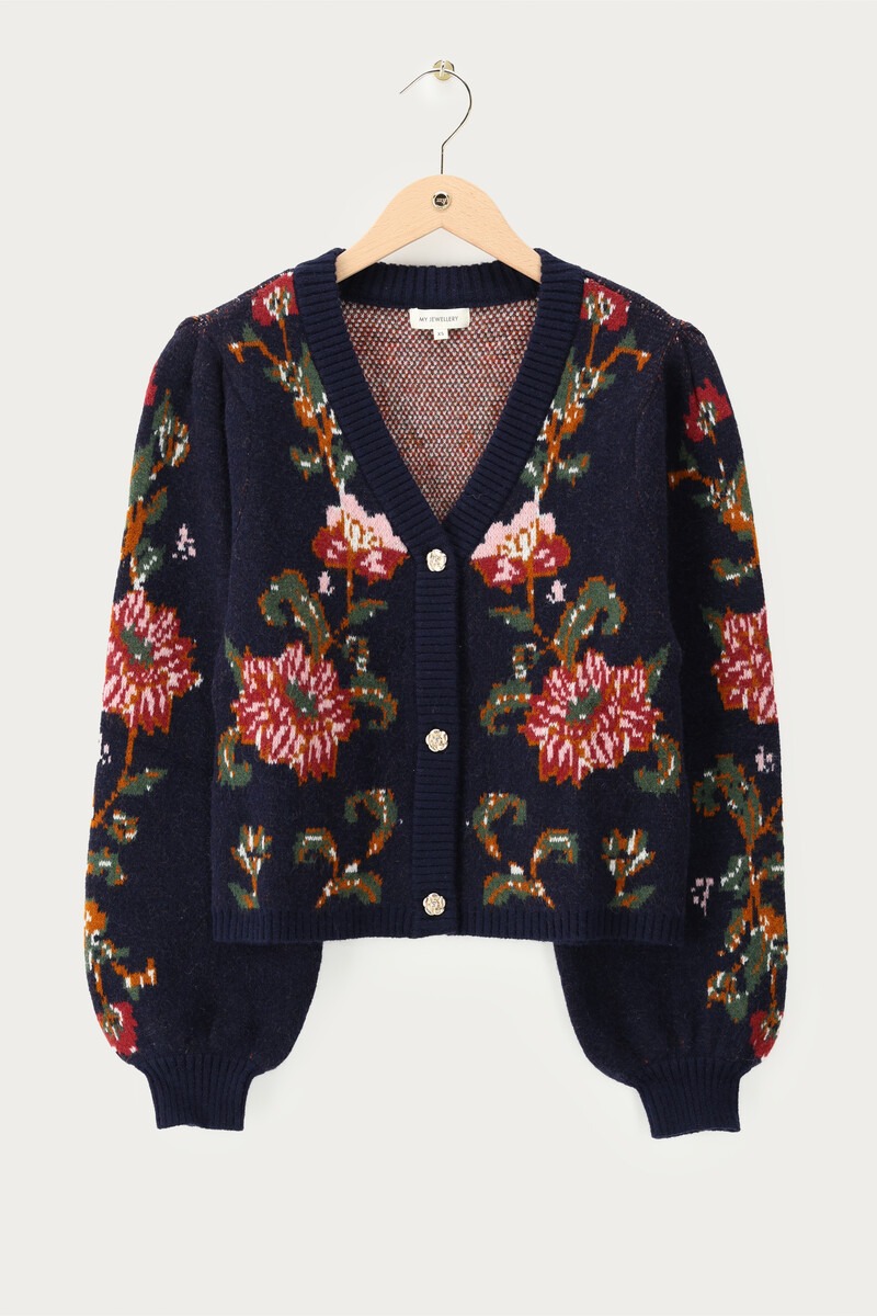 Dark blue jacquard cardigan with floral buttons | My Jewellery